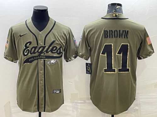 Mens Philadelphia Eagles #11 A. J. Brown Olive 2022 Salute To Service Cool Base Stitched Baseball Jersey